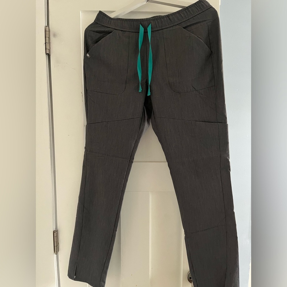 Figs Women's Dark Gray Scrub Pants with Teal Drawstring